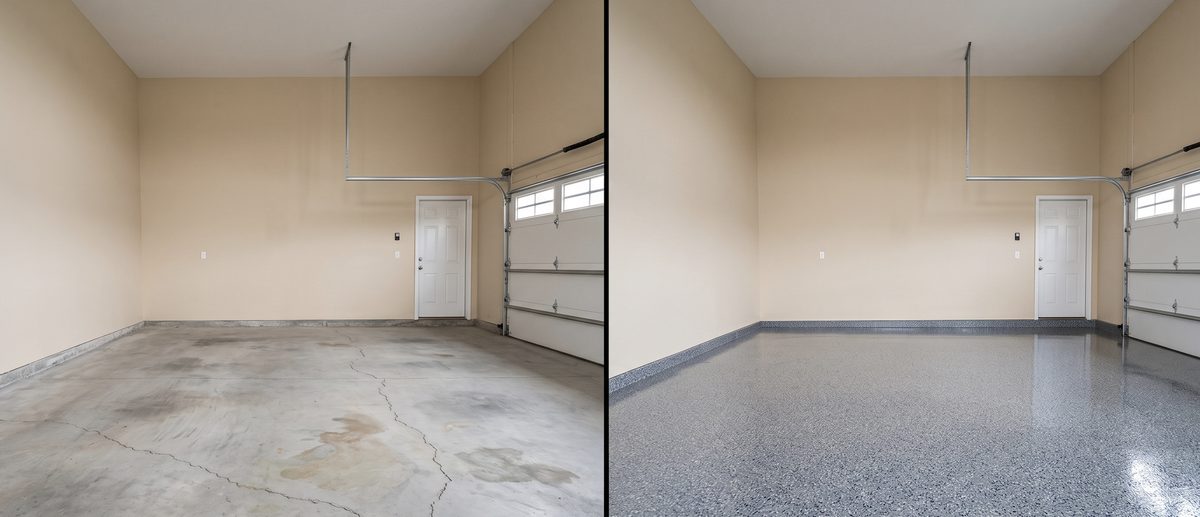 Before and after: cracked, oil-stained bare concrete garage floor resurfaced with a grey full-flake epoxy coating by Wish Coatings