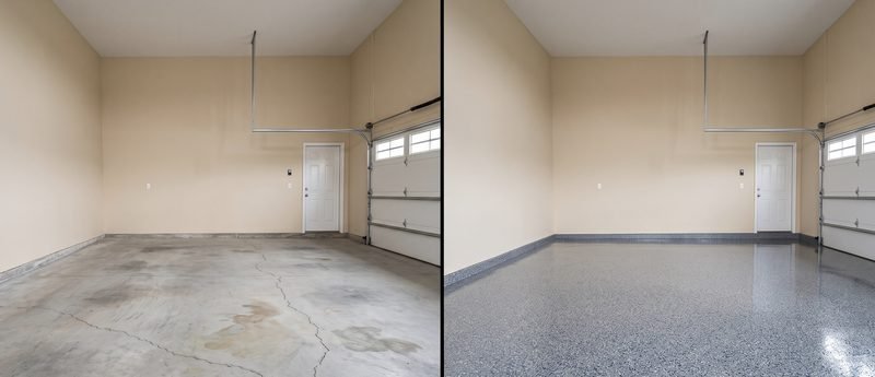 Before and after: cracked, oil-stained concrete garage floor resurfaced with grey full-flake epoxy by Wish Coatings