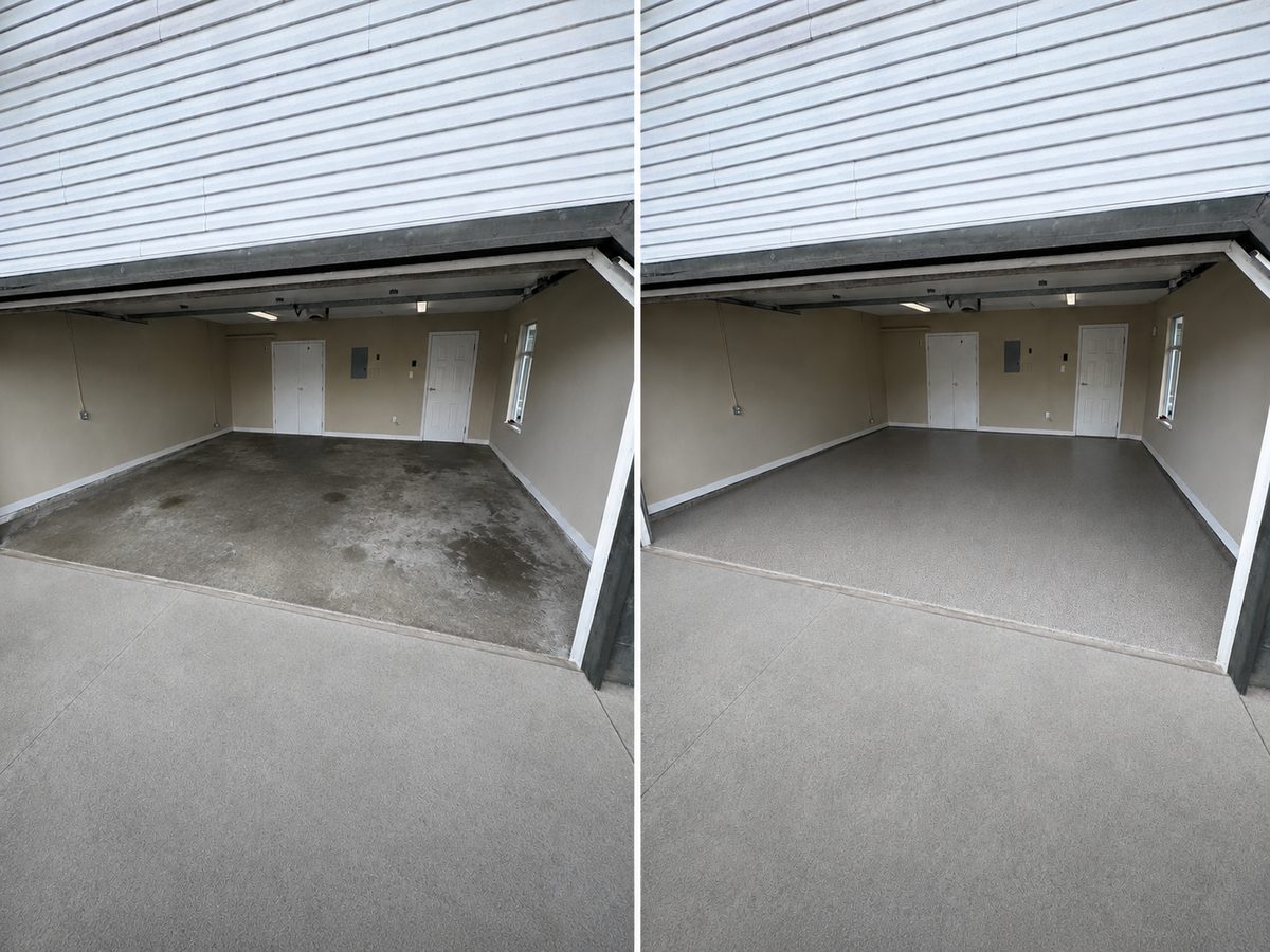Before and after: stained bare concrete garage floor resurfaced with a tan and grey full-flake coating by Wish Coatings