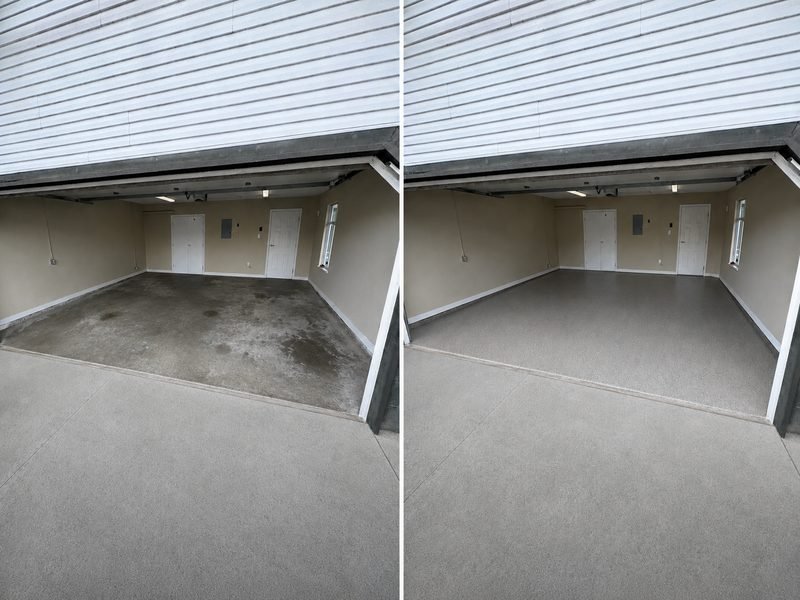 Before and after: stained concrete garage floor resurfaced with tan and grey full-flake coating by Wish Coatings