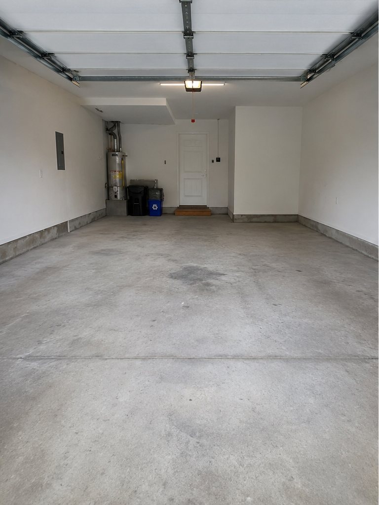 Bare, stained grey concrete garage floor before a Wish Coatings finish