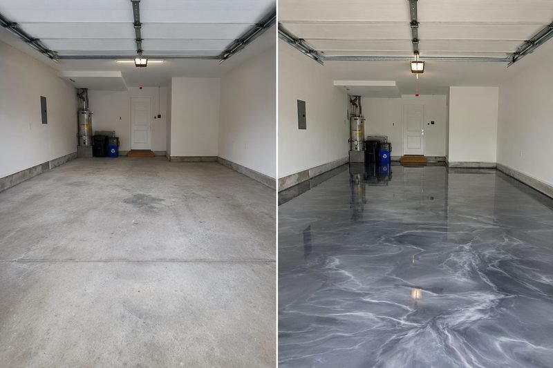 Before and after: grey concrete garage floor resurfaced with high-gloss grey metallic epoxy by Wish Coatings