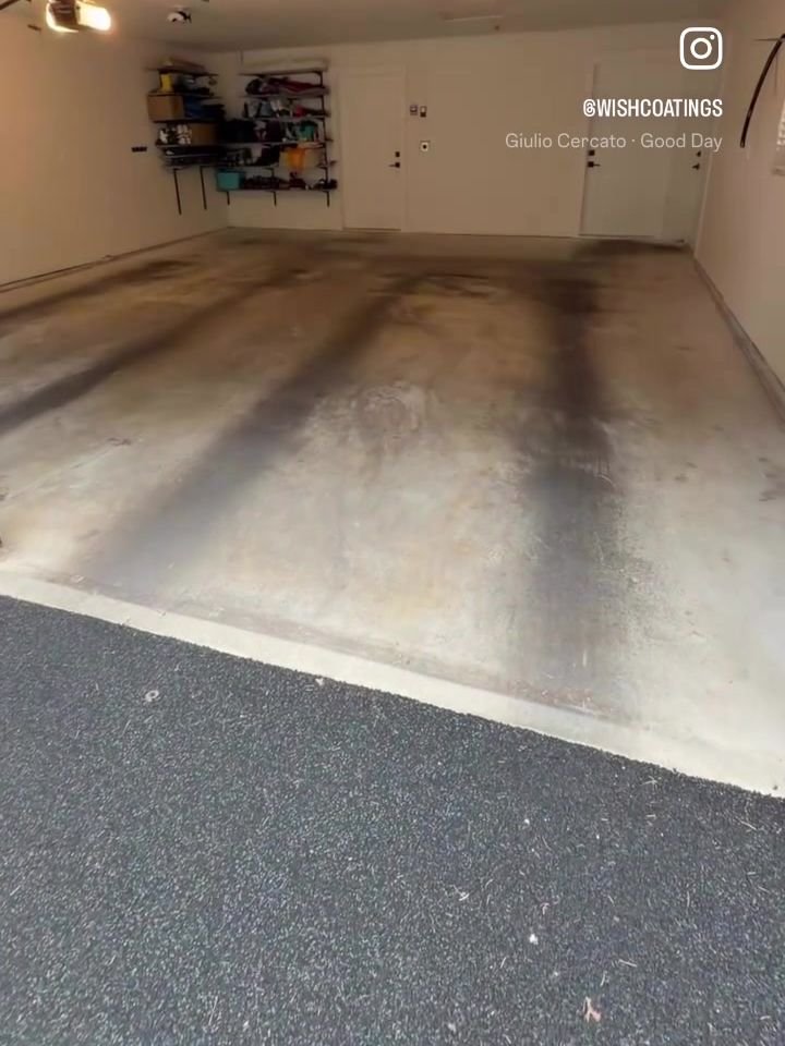 Before: stained, cracked 20-year-old concrete garage floor in an Ocean Park home in South Surrey